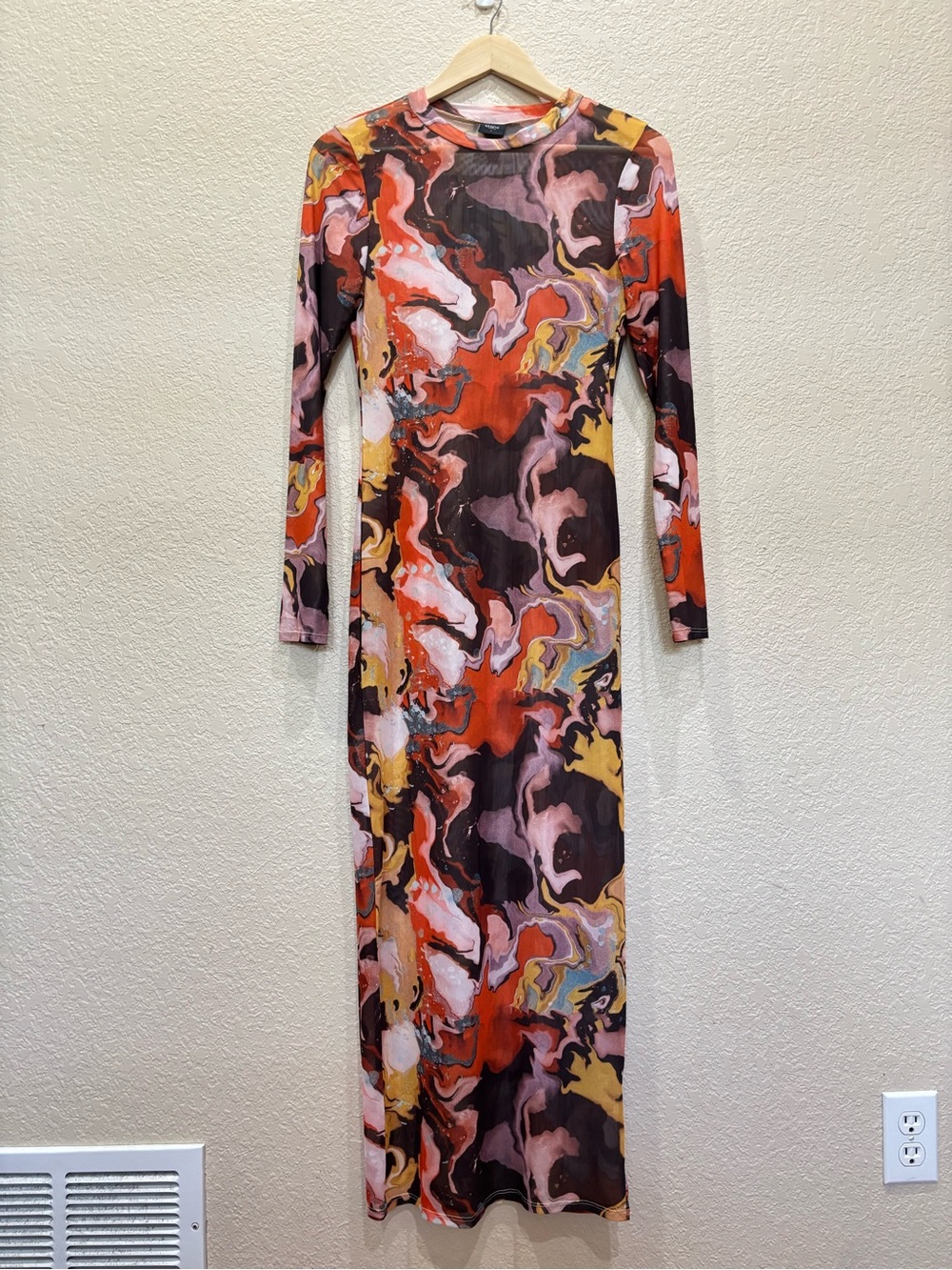 Y2K Abstract Marble Mesh Maxi Dress Orange Brown Sheer